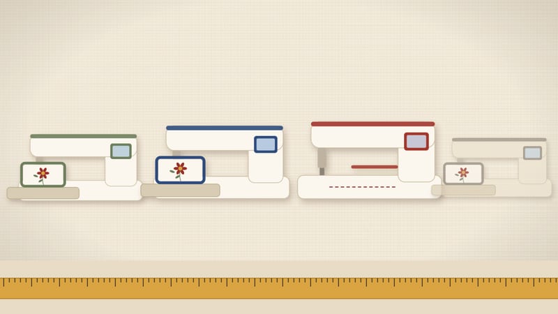 Illustration of four generic embroidery machines lined up side by side on linen