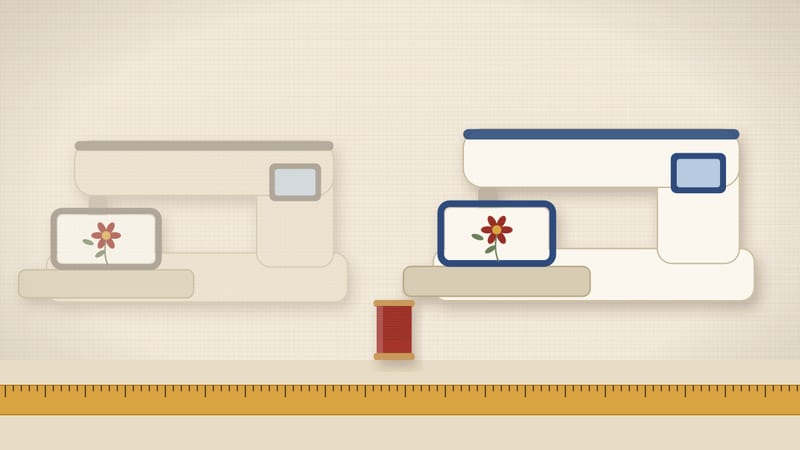 Illustration of an older faded embroidery machine next to a newer one, both with a stitched flower in the hoop