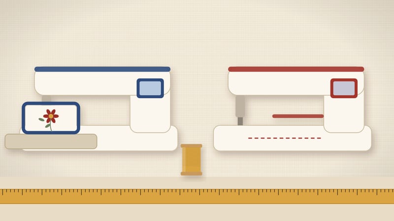 Illustration of an embroidery-only machine with a hoop next to a sewing and embroidery machine